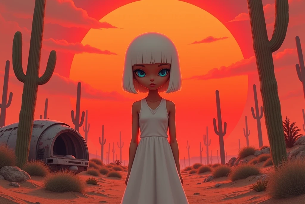 masterpiece:1.2,  A Huge Red Sunset That Sinks , desert,  wide shot:1.6, beautiful,   high definition,   cinematic lights,  Alien Girl , evildoer,  deformed alien girl, ((pupil, Almond-shaped , 白目が存在しないブルーのpupil, Very large), ( white short bob hair ,  helmet shaped ), 褐色の肌,  Pure White Sleeveless Dress, desert, Cactus, Broken Tiny Spaceship , Landscape illustration, Picture book illustrations