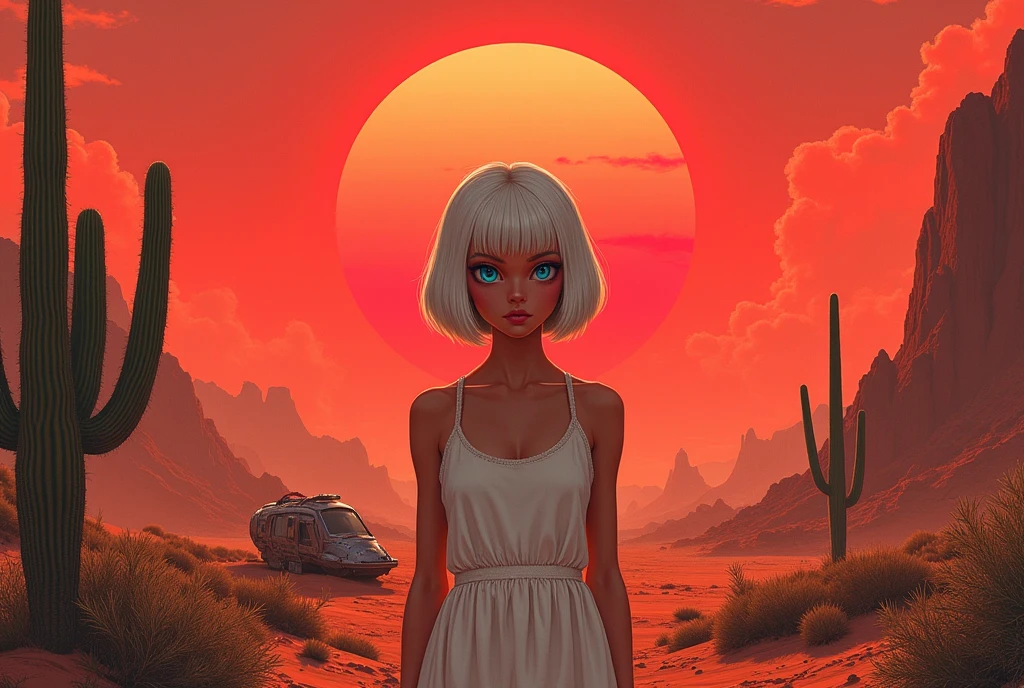 masterpiece:1.2,  A Huge Red Sunset That Sinks , desert,  wide shot:1.6, beautiful,   high definition,   cinematic lights,  Alien Girl , evildoer,  deformed alien girl, ((pupil, Almond-shaped , 白目が存在しないブルーのpupil, Very large), ( white short bob hair ,  helmet shaped ), 褐色の肌,  Pure White Sleeveless Dress, desert, Cactus, Broken Tiny Spaceship , Landscape illustration, Picture book illustrations