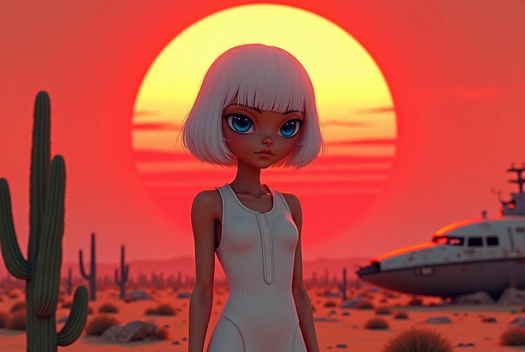 masterpiece:1.2,  A Huge Red Sunset That Sinks , desert,  wide shot:1.6, beautiful,   high definition,   cinematic lights,  Alien Girl , evildoer,  deformed alien girl, ((pupil, Almond-shaped , 白目が存在しないブルーのpupil, Very large), ( white short bob hair ,  helmet shaped ), 褐色の肌,  Pure White Sleeveless Dress, desert, Cactus, Broken Tiny Spaceship , Landscape illustration, Picture book illustrations