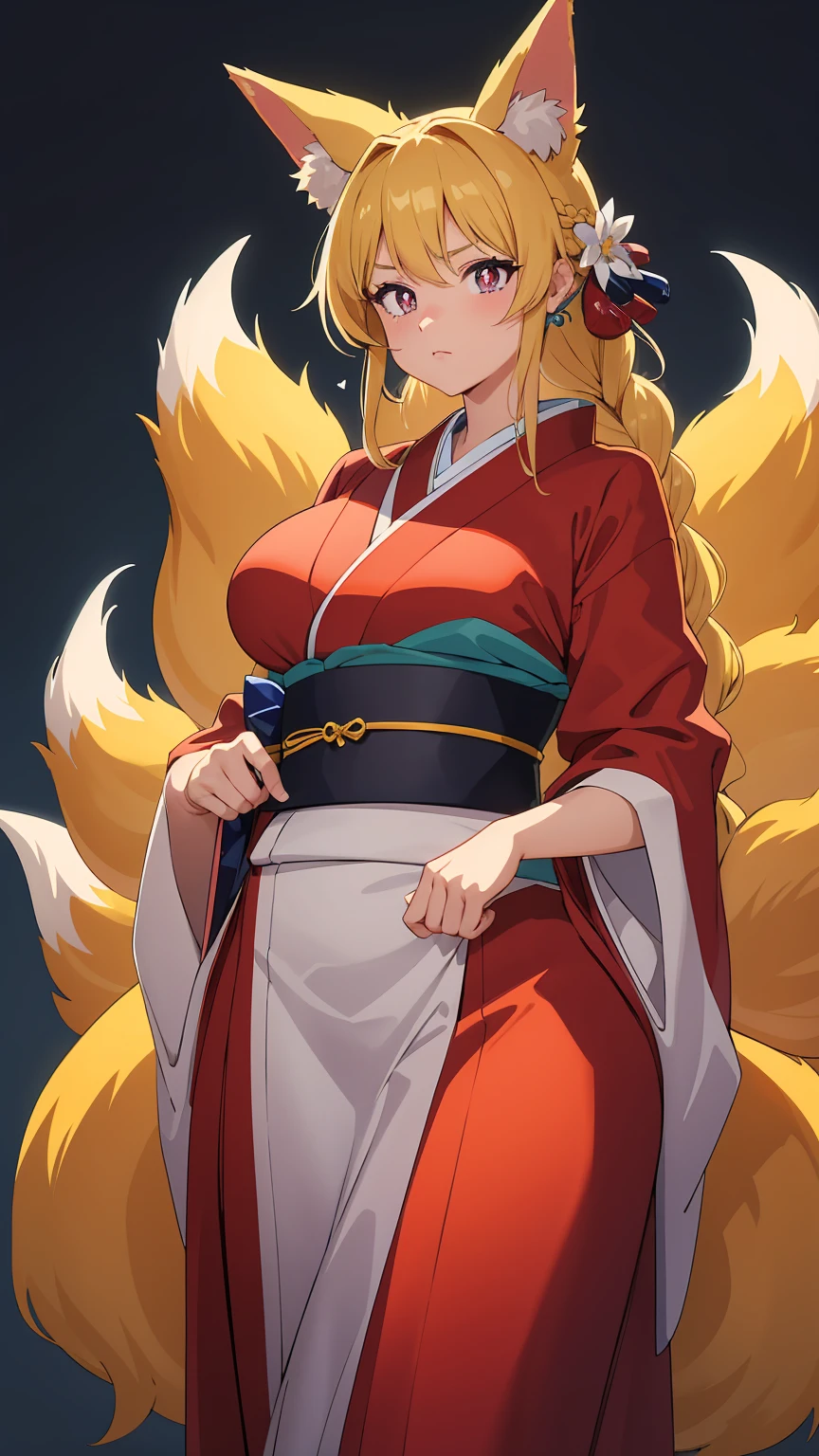 1 beautifull kitsune queen in a gorgeous 90s japaness kimono,blonde hairs, french braid, hair hide ear, hime cut, very long hair, heart-shaped pupils, animal ears, fox ears,"long orange fox ears with black tips", covering ears, kemonomimi mode,tail emanating(9 tails fox),big boobs, large hips,((kimono)), high detail, masterpiece, anatomically correct, high quality, award winning,(masterpiece, best quality),(90s anime aesthetic), 90s, very detailed 90s anime style, 90s anime style,Circa 1995,Tumblr Digital illustration, Faux Retro Aesthetic, demon slayer, Ahri
