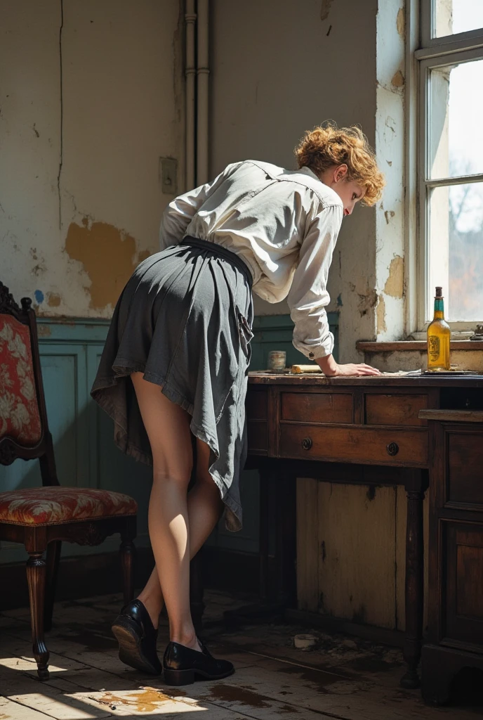 Image of a 25-year old short curly hair, chubby german  woman taken from behind, pale skin, slighty overweight, gorgeous body, She's wearing a a tattered white shirt long slevees and a long gray skirt pulled up over her hips  hiked up  in a messy, showing their buttocks naked. (((She is completely bent over a table. It's very important that she's standing and leaning forward on the desk. She looks at the camera with a surprised and desperate tremor, sexual exhausted, hard breath, loosing control, hazy, desperation, void.  It's important that she's leaning forward on the desk, her skirt up raised and rolled around the waist with the bare legs and the panties lowered to the knees, with wide hips and bouncy naked buttocks.  She wears old black leather shoes without heels. Image is side-lit with natural light from an out-of-frame window. The place is a large empty room of a dilapidated farmhouse. Superior quality, lots of detail, sharp and realistic. Realistic human figures with detailed anatomy


