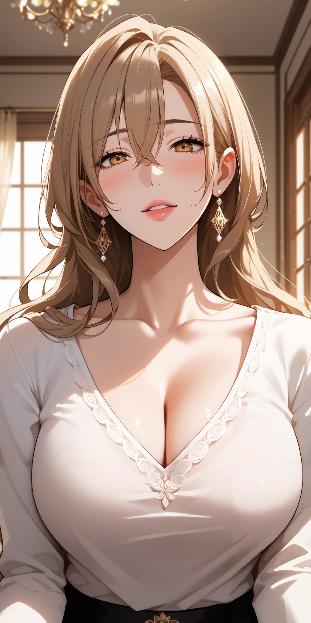 Score_9, Score_8_up, Score_7_up, Source_anime, anime art, anime style, very aesthetic, masterpiece, high quality, 1girl, elegant mature woman, milf, long sleeve, t-shirt, cleavage, brown hair, long hair, hair between eyes, home, soft light, mfant, close up pov, blushing