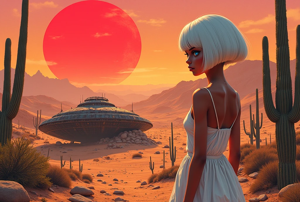 masterpiece:1.2,  A Huge Red Sunset That Sinks , desert,  wide shot:1.6, beautiful,   high definition,   cinematic lights,  Alien Girl , evildoer, Deformed alien girl , ((pupil, Almond-shaped , 白目が存在しないブルーのpupil, Very large), ( white short bob hair ,  helmet shaped ), 褐色の肌,  Pure White Sleeveless Dress , desert, Cactus, Sitting on a broken UFO , Landscape illustration, Picture book illustrations