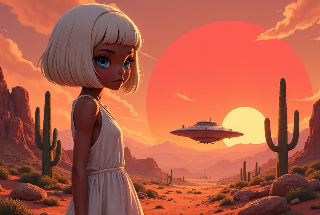 masterpiece:1.2,  A Huge Red Sunset That Sinks , desert,  wide shot:1.6, beautiful,   high definition,   cinematic lights,  Alien Girl , evildoer, Deformed alien girl , ((pupil, Almond-shaped , 白目が存在しないブルーのpupil, Very large), ( white short bob hair ,  helmet shaped ), 褐色の肌,  Pure White Sleeveless Dress , desert, Cactus, Sitting on a broken UFO , Landscape illustration, Picture book illustrations