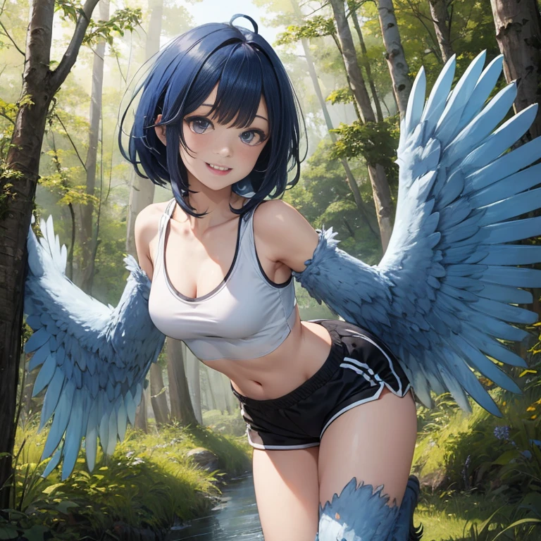 1 female, solo beautiful female, harpy, deep blue wings, beautiful detailed wings, white skin, tomboyish appearance, perfect proportions, slim body, body height, shoulder length blue hair, bright purple eyes, masterpiece, excellent details, black sports shorts, flying over a forest, happy expression on face, very detailed, silky deep blue hair