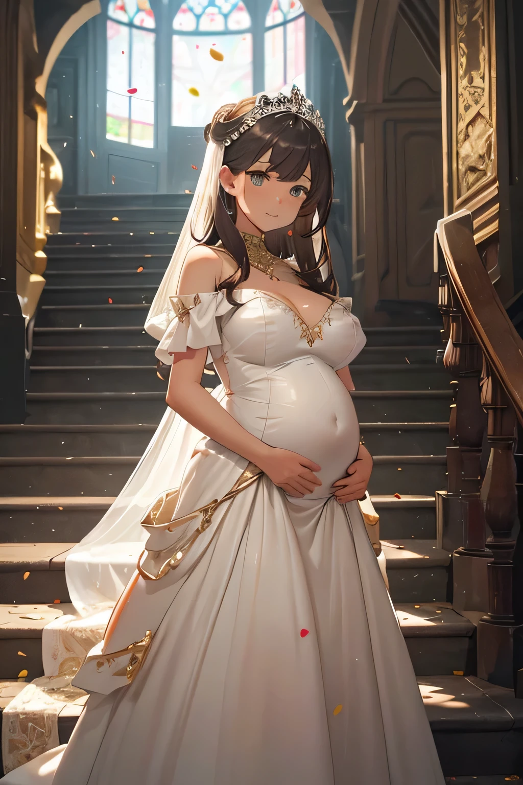 Location: wide, big staircase; stone walls and pillars; confetti in the air; girl;  pregnancy bump; medium sized boobs; white wedding dress; gown; looking extremely embaressed; uncomfortable expression; caramel colored hair; long open hair; green eyes; petite; walking down the stairs; whole staircase visible; whole body visible; in the middle of staircase; hand on rail