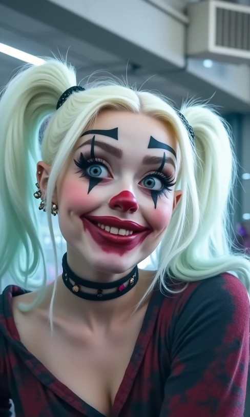 Lucifer from hazbin hotel in woman, blonde, White skin, and clown cheeks