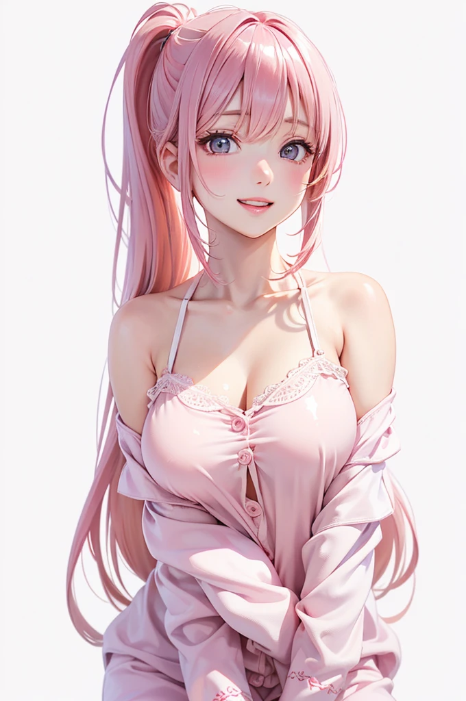 Best Quality,High resolution,8K,finelity detailed background,Masterpiece:1.2),beautiful girl,Shiny pink hair,messy hair,Pink eyes,Gentle look,A refreshing look,Best quality,Best Quality,Aesthetic and aesthetic:1.2,Best details((Super detailed))(High-definition CG illustrations),Black underwear (black,intricate lace),bodystocking,Slender body,morning,morning日,Bedroom,On the bed,smile,blush,cute,Scrounge,Looking up,Being spoiled,super model,shoot from below