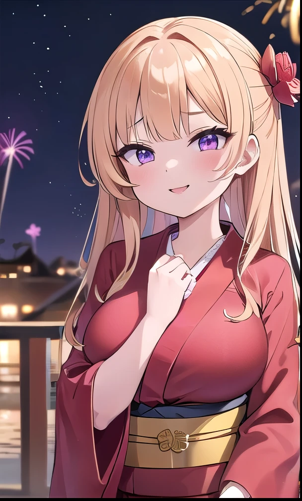 hight resolution, absurdres, best_Quality, Ultra_Detailled, 8K, extremely_clear, photo, beautiful, Beautiful face, Scharp Focus, HDR, 1girl, Clean eyes, very wide-eyed,sitting in front of an firework,hanabi , at night, Beautiful face, very red areola, standing , very seductive pose, very young, no bra, bare chest, No Top, NSFW, Blond long hair with red ends, pierced ears,