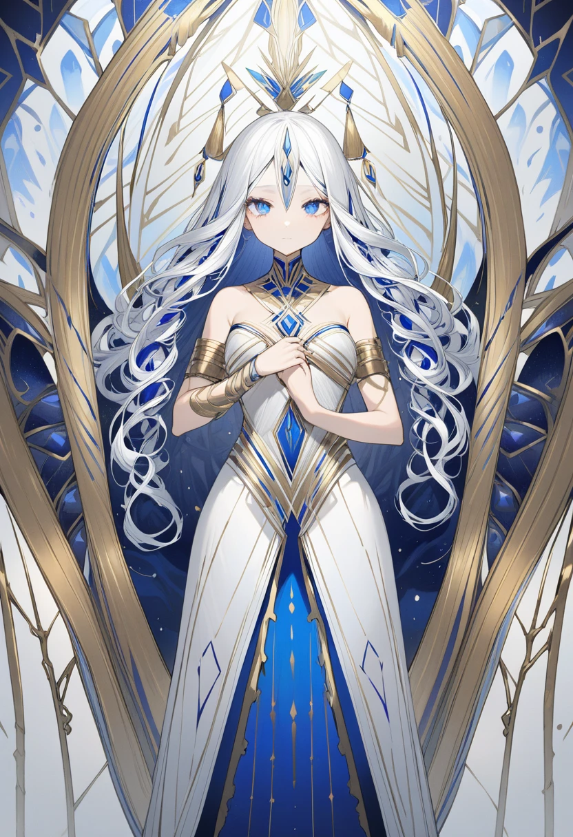 An incredibly beautiful woman with long white hair, curls at the end, curly short sidelocks and long tiny braid sidelocks and blue eyes, a narrow waist, perky ample bosom, flat sculpted stomach, wide hips, with White lashes, She usually wears a long black dark blue dress, with a square opening over her chest, and a high silver belt. The bottom of the dress resembles reeds. She wears a thick golden usekh or wesekh, with an inner layer of blue with golden gems or beads. She wears one thin silver armlet on each lower arm. She has blue markings over her eyes, and light blue markings under them.