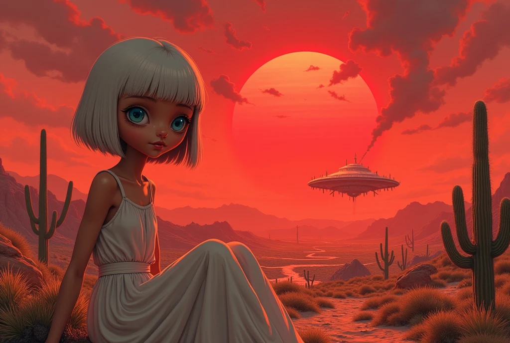 masterpiece:1.2,  A Huge Red Sunset That Sinks , desert,  wide shot:1.6, beautiful,   high definition,   cinematic lights,  Alien Girl , evildoer,  deformed alien girl, ((pupil, Almond-shaped , 白目が存在しないブルーのpupil, Very large), ( white short bob hair ,  helmet shaped ), 褐色の肌,  Pure White Sleeveless Dress , desert, Cactus, UFO, Broken, Raise smoke , Sitting, Landscape illustration, Picture book illustrations