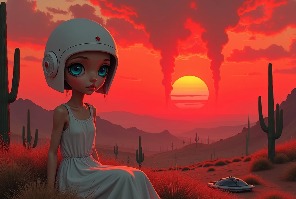 masterpiece:1.2,  A Huge Red Sunset That Sinks , desert,  wide shot:1.6, beautiful,   high definition,   cinematic lights,  Alien Girl , evildoer,  deformed alien girl, ((pupil, Almond-shaped , 白目が存在しないブルーのpupil, Very large), ( white short bob hair ,  helmet shaped ), 褐色の肌,  Pure White Sleeveless Dress , desert, Cactus, UFO, Broken, Raise smoke , Sitting, Landscape illustration, Picture book illustrations