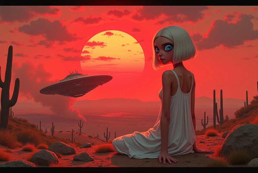 masterpiece:1.2,  A Huge Red Sunset That Sinks , desert,  wide shot:1.6, beautiful,   high definition,   cinematic lights,  Alien Girl , evildoer,  deformed alien girl, ((pupil, Almond-shaped , 白目が存在しないブルーのpupil, Very large), ( white short bob hair ,  helmet shaped ), 褐色の肌,  Pure White Sleeveless Dress , desert, Cactus, UFO, Broken, Raise smoke , Sitting, Landscape illustration, Picture book illustrations