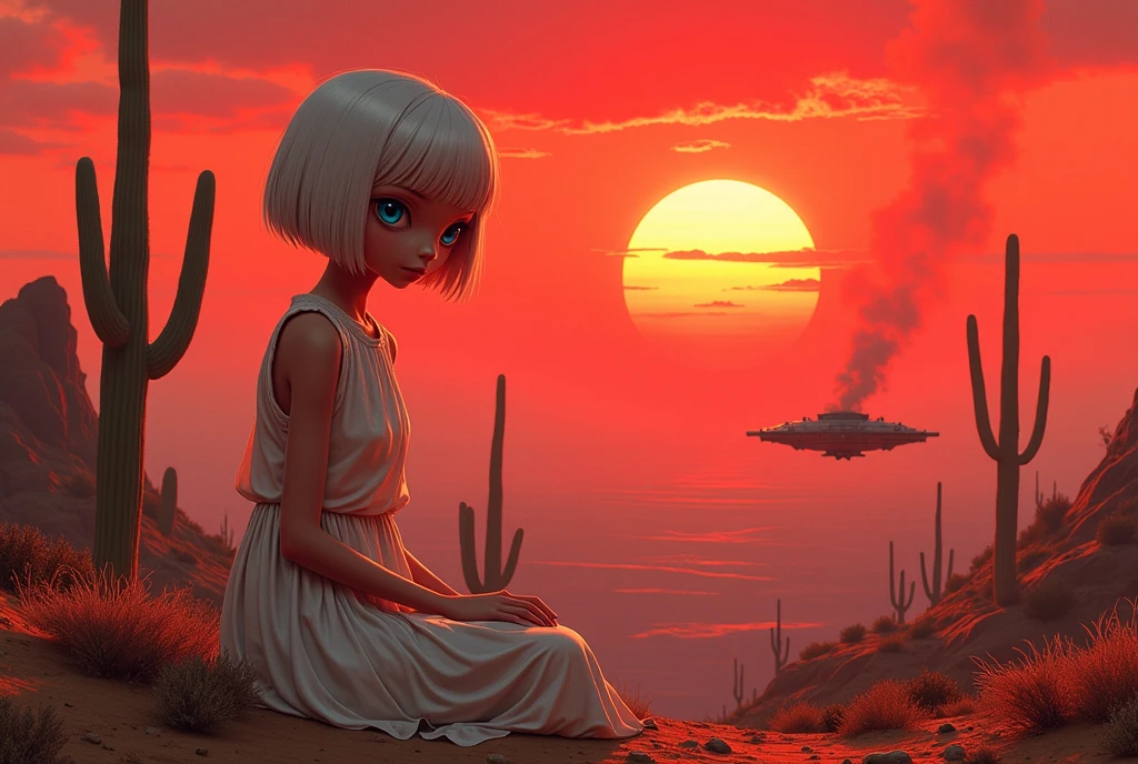 masterpiece:1.2,  A Huge Red Sunset That Sinks , desert,  wide shot:1.6, beautiful,   high definition,   cinematic lights,  Alien Girl , evildoer,  deformed alien girl, ((pupil, Almond-shaped , 白目が存在しないブルーのpupil, Very large), ( white short bob hair ,  helmet shaped ), 褐色の肌,  Pure White Sleeveless Dress , desert, Cactus, UFO, Broken, Raise smoke , Sitting, Landscape illustration, Picture book illustrations