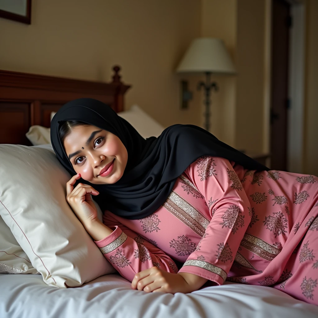 Plump vagina, sweating vagina, Beautiful girl wearing narrow dark hijab malay teenage girl 18 years old, kelantanese look, cute girl face, smiling, eyes looking at camera, grin, big laugh, big breasts about to burst out, closeup vagina, closeup view, curvy body, curvy hip, fat abs, vagina view, plump thigh, short body, realistic skin, view from below, spreading legs wide on scattered bed, in student room, books on bed, hand holding smartphone, night time, hard light, 35mm lens, establishing shot, pastel color grading, depth of field cinematography effect, film noir genre, 8k resolution, high quality, ultra detail
