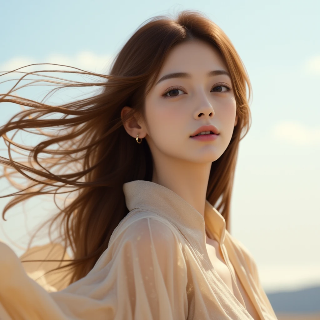 Subject: An Asian woman with flowing brown hair, gently blown by the wind, adding a sense of motion and elegance.
Face: Her expression is calm and serene, gazing softly into the distance.
Outfit: Light, flowing clothing that complements the movement of her hair, perhaps adorned with subtle patterns.
Background: A natural setting, such as a clear sky or open landscape, emphasizing the airy, wind-swept feel.
Lighting: Soft natural light highlights her features and the texture of her hair and clothing.
Atmosphere: Dynamic yet peaceful, capturing the harmony between the wind and her poised presence.