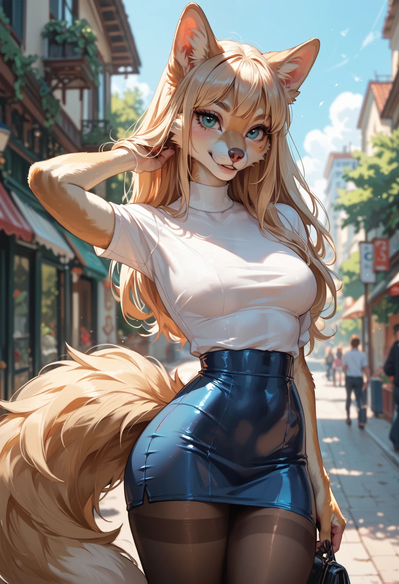 Tight shirt furry girl, tight skirt, pantyhose, furry, fluffy tail, slim waist, wide hips, large butt