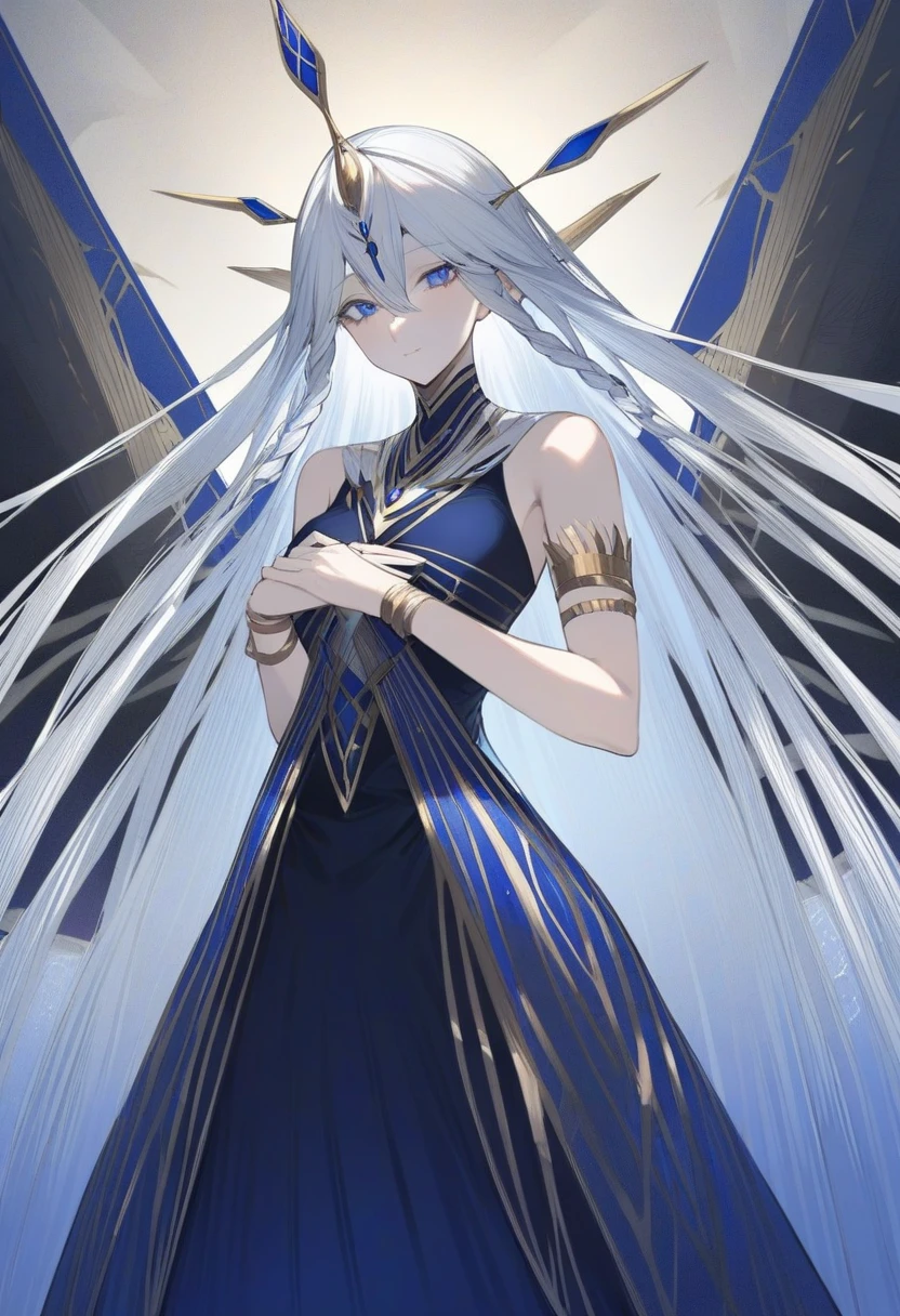 An incredibly beautiful woman with long white hair, curls at the end, curly short sidelocks and long tiny braid sidelocks and blue eyes, a narrow waist, perky ample bosom, flat sculpted stomach, wide hips, with White lashes, She usually wears a long black dark blue dress, with a square opening over her chest, and a high silver belt. The bottom of the dress resembles reeds. She wears a thick golden usekh or wesekh, with an inner layer of blue with golden gems or beads. She wears one thin silver armlet on each lower arm. She has blue markings over her eyes, and light blue markings under them.