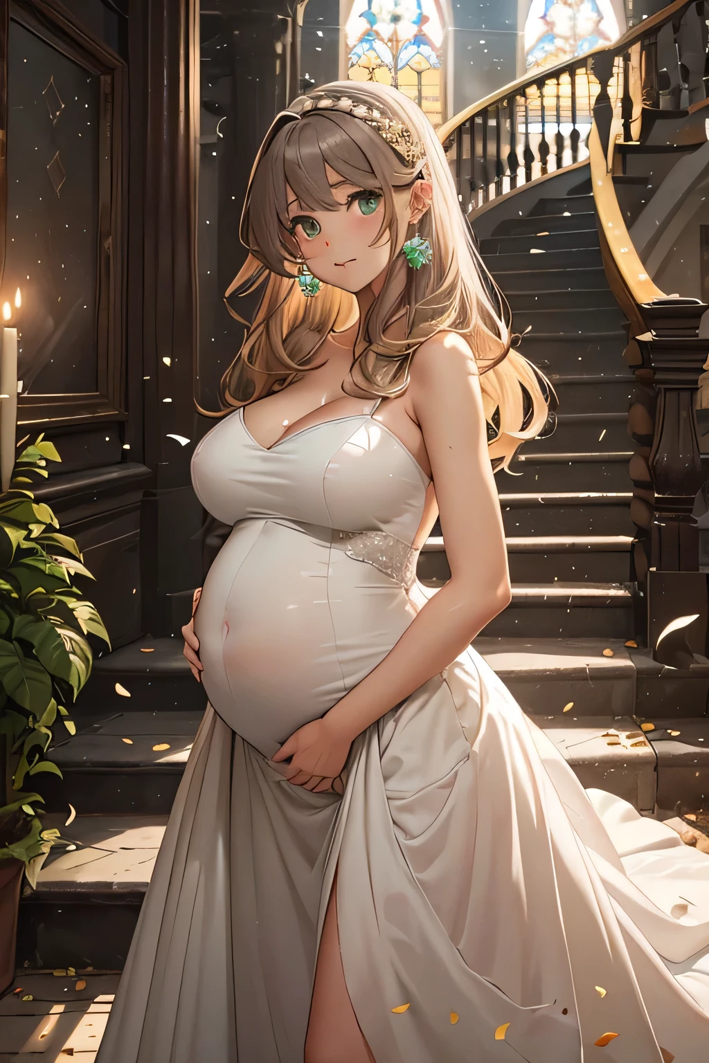 Location: wide, big staircase; stone walls and pillars; confetti in the air; pregnant girl; little baby bump; 4 months pregnant; slight bump visible; medium sized boobs; white wedding dress; gown; looking extremely embaressed; caramel colored hair; long open hair; green eyes; petite; walking down the stairs; whole staircase visible