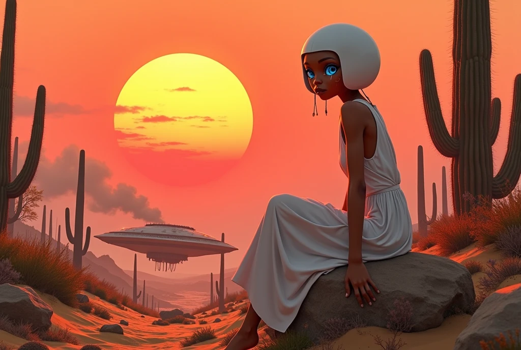 masterpiece:1.2,  A Huge Red Sunset That Sinks , desert,  wide shot:1.6, beautiful,   high definition,   cinematic lights,  Alien Girl , evildoer, Deformed alien girl , Sitting on a rock,  wear cheek sticks :1.3, ((pupil, Almond-shaped , 白目が存在しないブルーのpupil, Very large), ( white short bob hair ,  helmet shaped ), 褐色の肌,  Pure White Sleeveless Dress , desert, Cactus, UFO, It fell to the ground and is broken, Raise smoke , Landscape illustration, Picture book illustrations