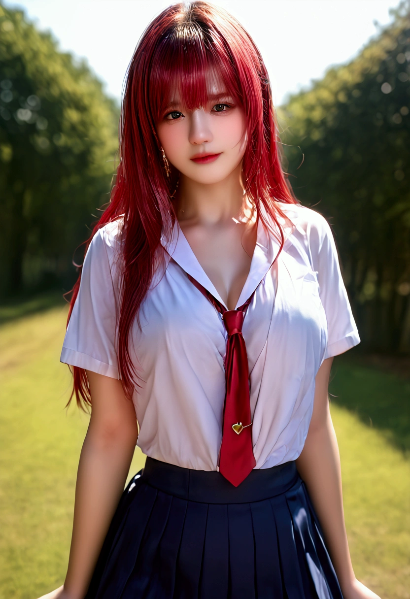 bmasterpiece、top-quality、hight resolution)、 Real life adaption for this character, Masterpiece, high quality, best lighting, cinematic, 1girl, houshou marine, red hair, (perfect body), ((schoolgirl uniform)), looking at viewer, standing, outdoors