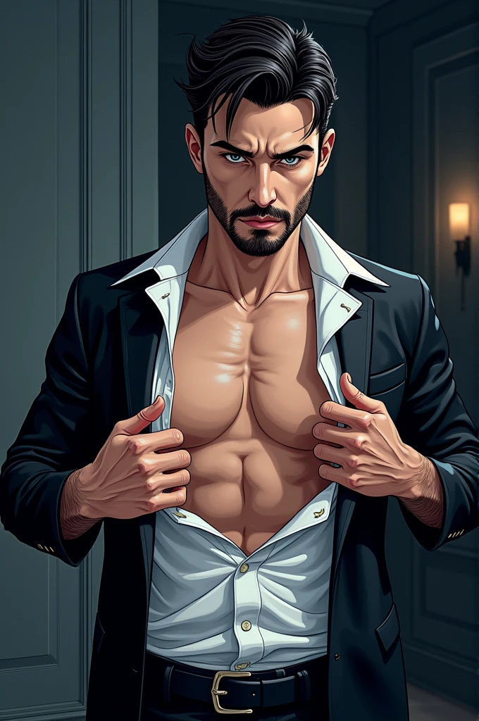 Muscular man tears apart his satin shirt