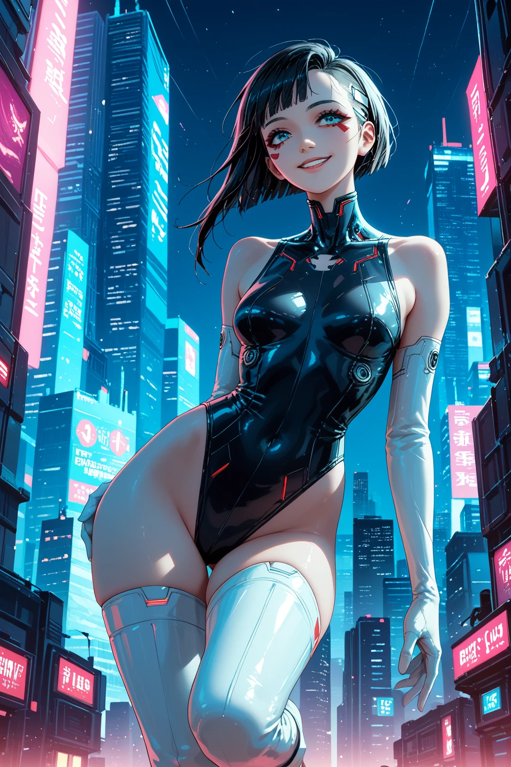 obvious, (complex parts), (One, 1 girl, cyborg:1.1), Spread your legs, Cervix, clitoris, pussy, eyelashes, looking down, (covered nipples:1), Red hair, uneven tail, Medium breasts, blush, seductive, (damn stupid:1.1), (gray cyberpunk clothes:1.25), printed circuit board printing, neon trim, (in front of a glass window, big window, cityscape, In the room, skyscraper), backlight, blurred background, Soft lighting, flowering effect, a mystic, perfect body, Uncensored, What'sit,