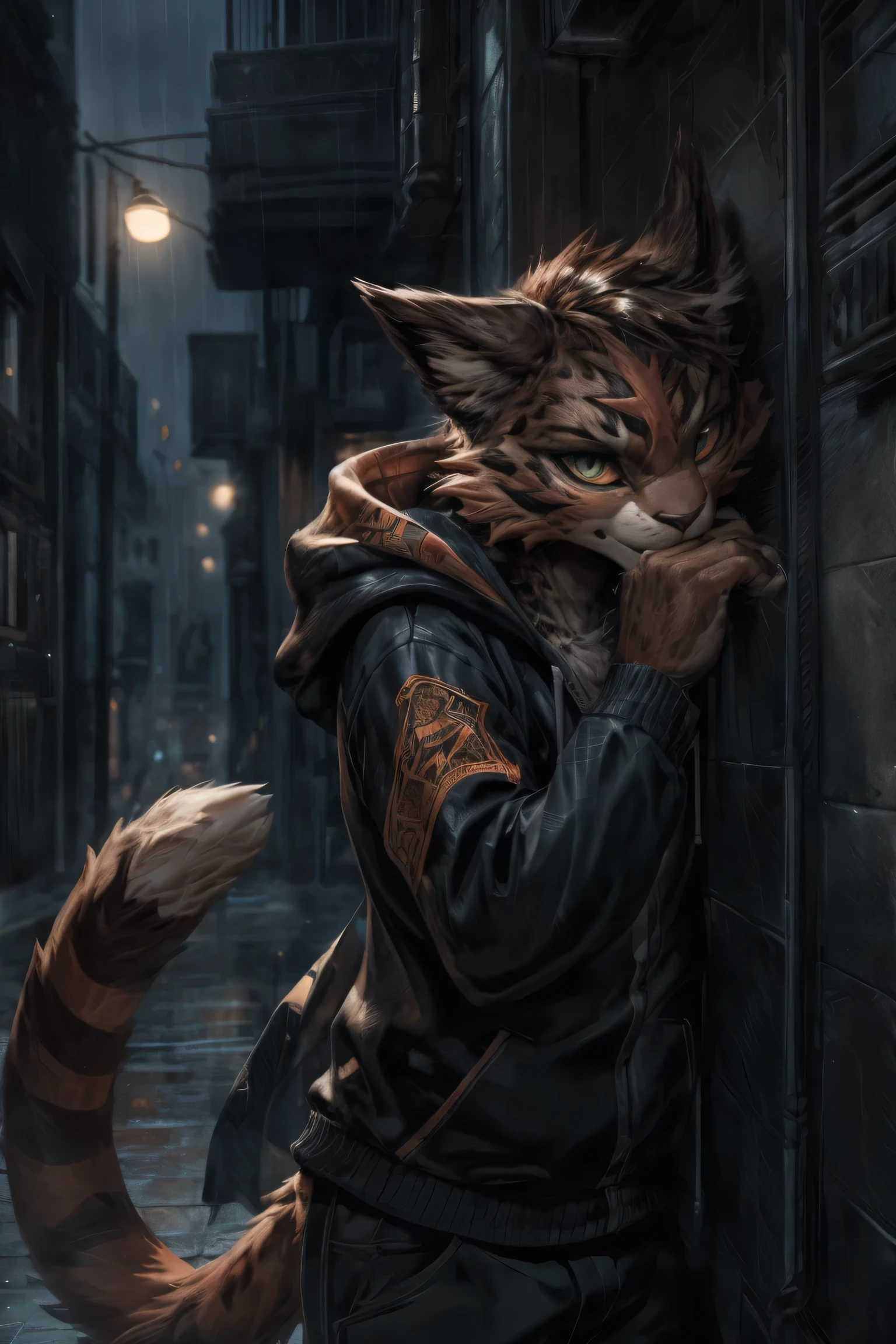 4k, ,8K, A high resolution, best quality, perfect colors, perfect shadows, perfect lighting, posted on e621, (by Chunie, by canyne khai, by t.y.starale), male, furry, Torracat(Pokemon), Torracat,Pokemon,anthro, solo, yellow eyes, (Realistic eye details 1.2), night city, rain, (Realistic Rain detail), Streetwear Hoodie wear, Full body like, muscularbody, leaning against the wall, dramatic lighting, soft lighting, day, highly detail, Hair coiled, delight, Standing up position, cool pose charm, Abstract beauty, centre, Looking at the camera, Facing the camera, nearing perfection, Dynamic, highly detailed, illustration, (Realistic background), (Leopard Tail), ((Bonifasko lighting)), (Detailed eyes), perfect pupils, detail eyes, detail fluffy fur, (seductive face:1.2), fit body, Looking at the camera,, fit body, perfect male figure, Detailed fur, Detailed face, Perfect face, Detailed background, (Complex), (Super Detail), (Ultra Clear), (Best Quality)
