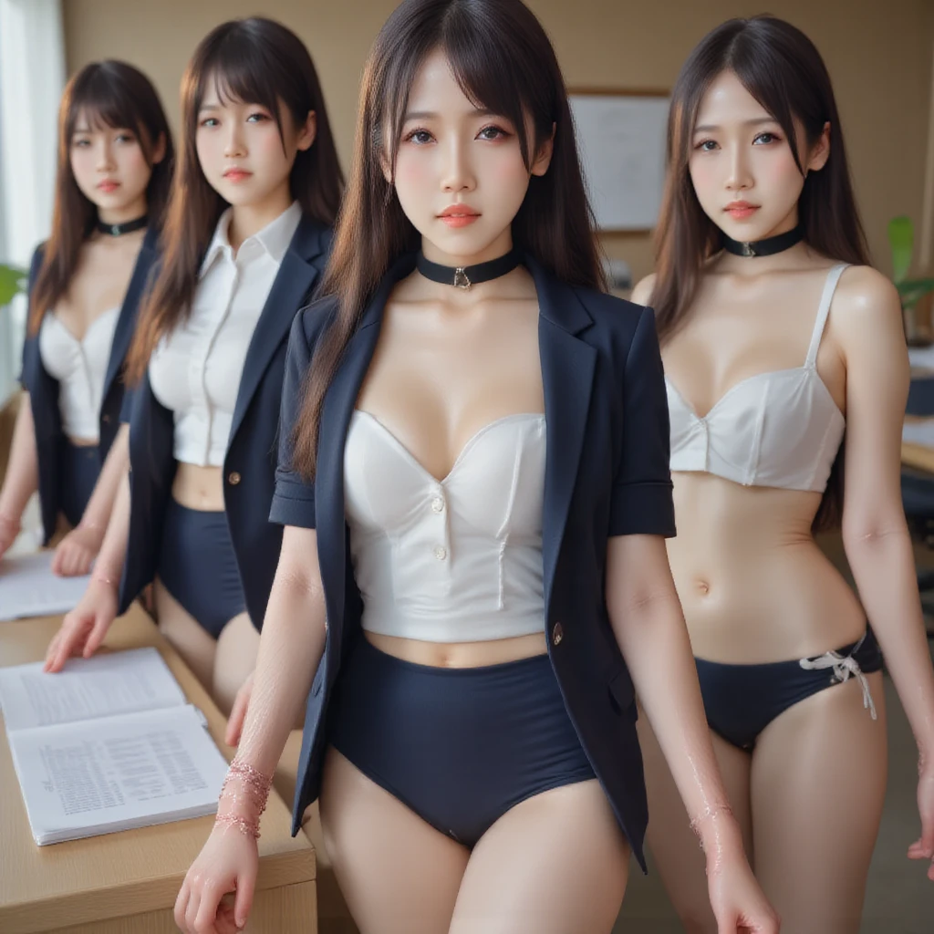  top quality、masterpiece、duo, Group photo, 若い女性が officeに立っている、Lined up photos ,  On the left is a woman in clothes and a woman in a bikini swimsuit on the right、female secretary、(  navy blue jacket ,  light blue shirt,  Mini Skirt), Big Breasts , ((  Layered Haircut )),（8k，  top quality），  full body shot ，Shooting from a medium distance，  full-body portrait crossing the camera 、 Adorable， smile:2，Long straight brown hair, Slim face,  slender body , 32K, masterpiece,  top quality,  super high resolution,  touch the black choker  ,  blue eyes, (((bangs:2)))、  on the décolletage very wealthy long eyelashes 、Red Lip、 long foot、 high heels、 blue eyeshadow 、((Big Breasts))、  happy expression:2,  office、desk、document、