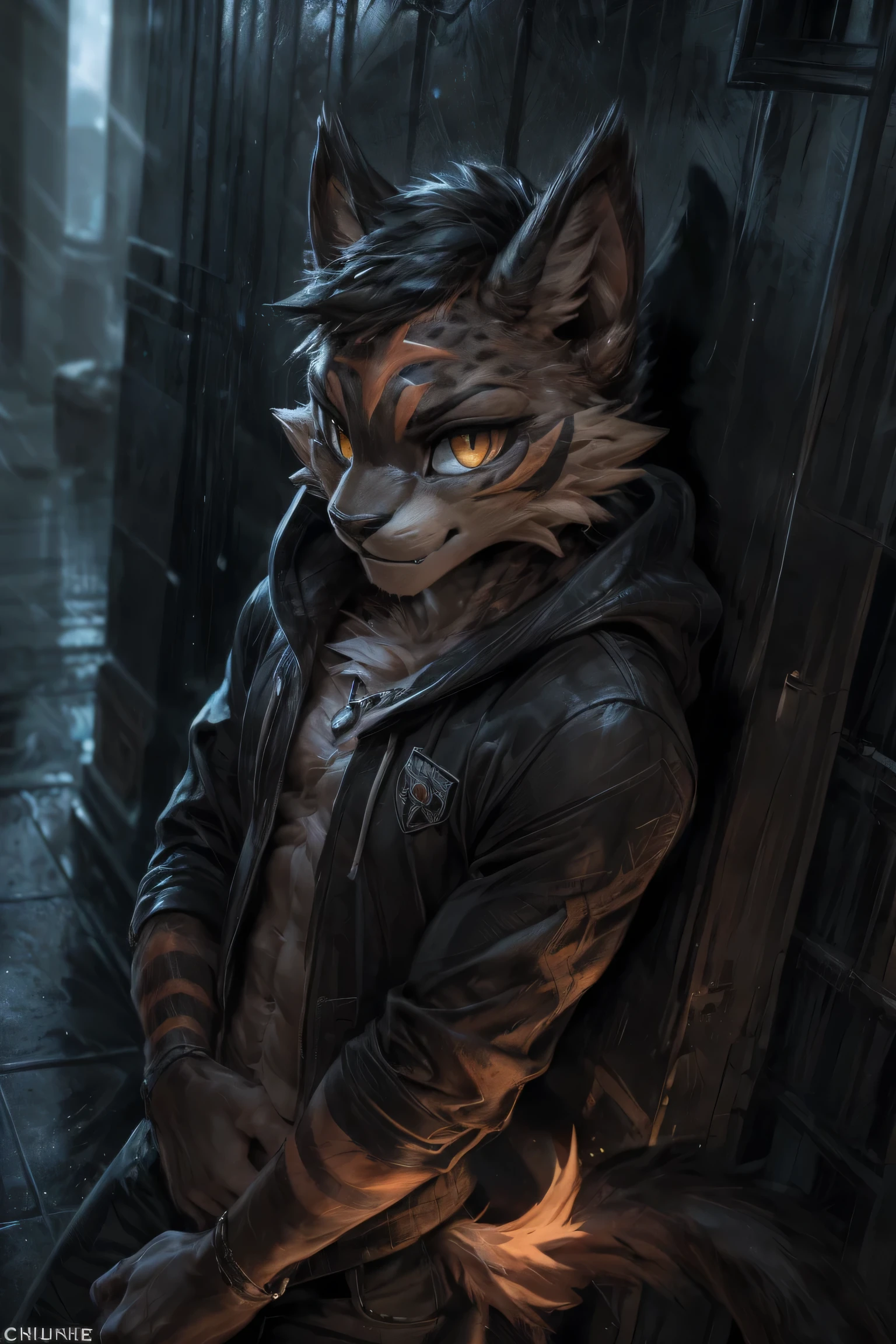 4k, ,8K, A high resolution, best quality, perfect colors, perfect shadows, perfect lighting, posted on e621, (by Chunie, by canyne khai, by t.y.starale), male, furry, Torracat(Pokemon), Torracat,Pokemon,anthro, solo, yellow eyes, (Realistic eye details 1.2), night city, rain, (Realistic Rain detail), Streetwear Hoodie wear, Full body like, muscularbody, leaning against the wall, dramatic lighting, soft lighting, day, highly detail, Hair coiled, delight, Standing up position, cool pose charm, Abstract beauty, centre, Looking at the camera, Facing the camera, nearing perfection, Dynamic, highly detailed, illustration, (Realistic background), (Leopard Tail), ((Bonifasko lighting)), (Detailed eyes), perfect pupils, detail eyes, detail fluffy fur, (seductive face:1.2), fit body, Looking at the camera,, fit body, perfect male figure, Detailed fur, Detailed face, Perfect face, Detailed background, (Complex), (Super Detail), (Ultra Clear), (Best Quality)
