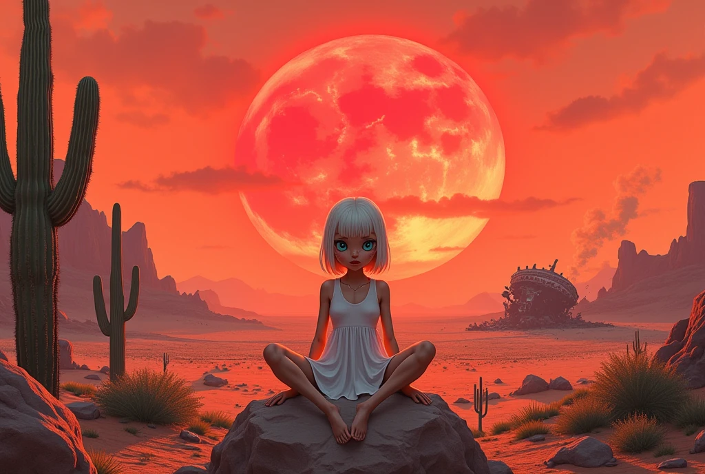 masterpiece:1.2,  A Huge Red Sunset That Sinks , desert,  wide shot:1.6, beautiful,   high definition,   cinematic lights,  Alien Girl , evildoer,  deformed alien girl, Sitting on a rock,  wear cheek sticks :1.3, ((pupil, Almond-shaped , 白目が存在しないブルーのpupil, Very large), ( white short bob hair , V line cut batten), 褐色の肌,  Pure White Sleeveless Dress, desert, Cactus, UFO, It fell to the ground and is broken, Raise smoke , Landscape illustration, Picture book illustrations