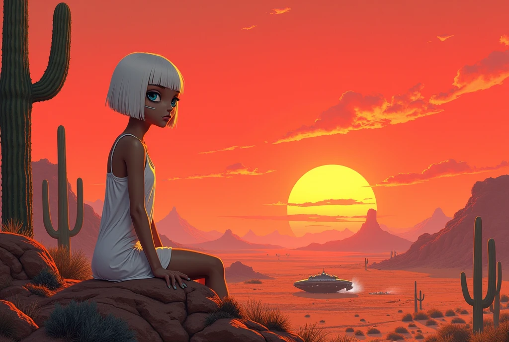 masterpiece:1.2,  A Huge Red Sunset That Sinks , desert,  wide shot:1.6, beautiful,   high definition,   cinematic lights,  Alien Girl , evildoer,  deformed alien girl, Sitting on a rock,  wear cheek sticks :1.3, ((pupil, Almond-shaped , 白目が存在しないブルーのpupil, Very large), ( white short bob hair , V line cut batten), 褐色の肌,  Pure White Sleeveless Dress, desert, Cactus, UFO, It fell to the ground and is broken, Raise smoke , Landscape illustration, Picture book illustrations