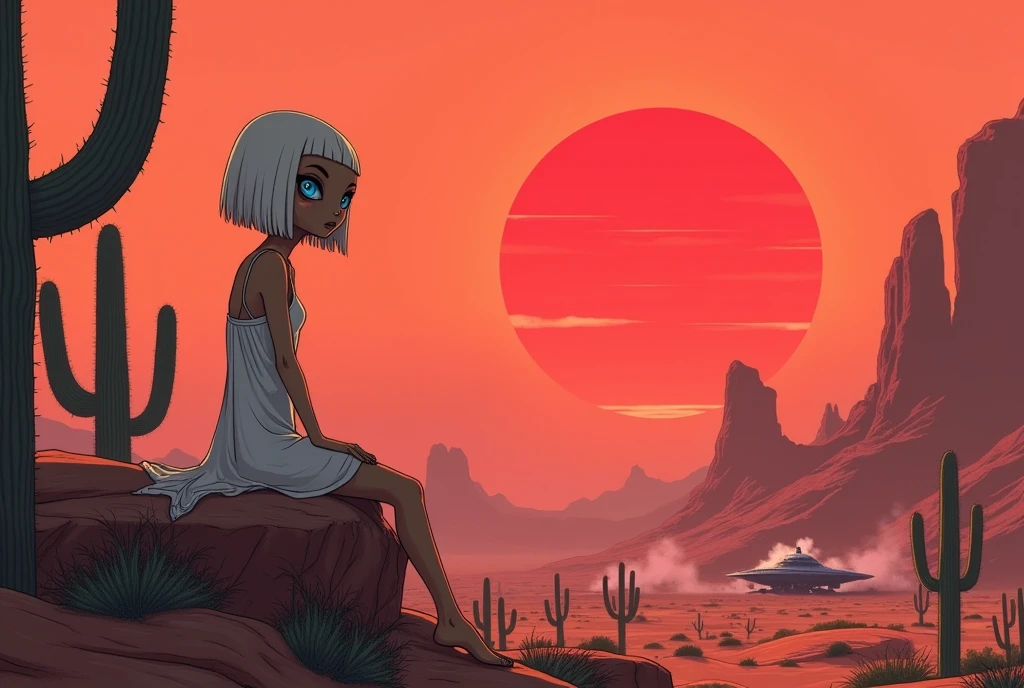 masterpiece:1.2,  A Huge Red Sunset That Sinks , desert,  wide shot:1.6, beautiful,   high definition,   cinematic lights,  Alien Girl , evildoer,  deformed alien girl, Sitting on a rock,  wear cheek sticks :1.3, ((pupil, Almond-shaped , 白目が存在しないブルーのpupil, Very large), ( white short bob hair , V line cut batten), 褐色の肌,  Pure White Sleeveless Dress, desert, Cactus, UFO, It fell to the ground and is broken, Raise smoke , Landscape illustration, Picture book illustrations