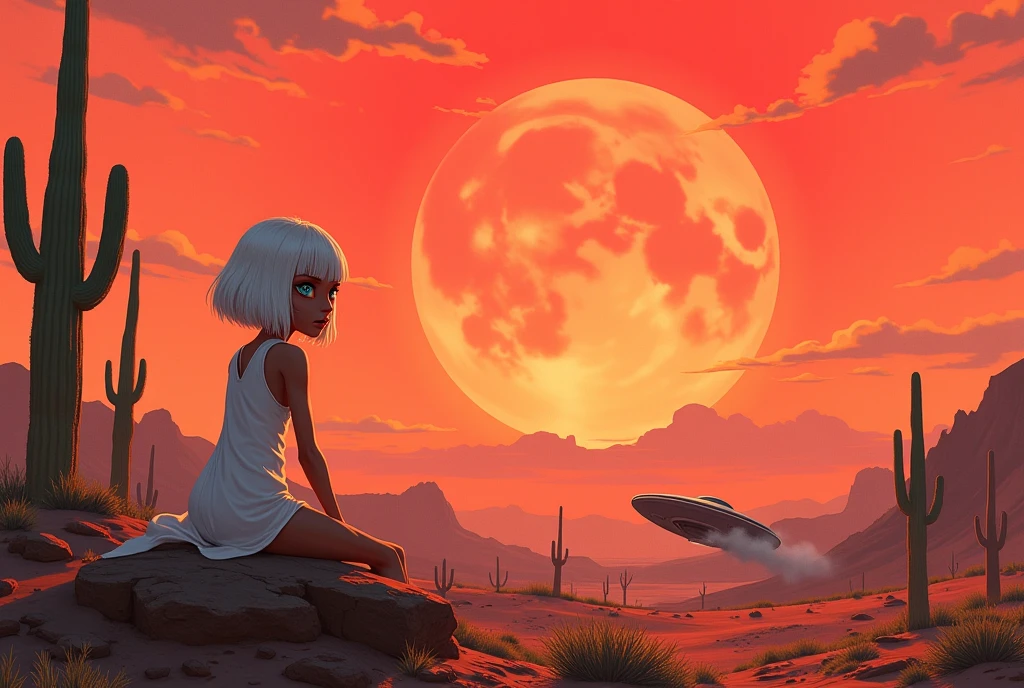 masterpiece:1.2,  A Huge Red Sunset That Sinks , desert,  wide shot:1.6, beautiful,   high definition,   cinematic lights,  Alien Girl , evildoer,  deformed alien girl, Sitting on a rock,  wear cheek sticks :1.3, ((pupil, Almond-shaped , 白目が存在しないブルーのpupil, Very large), ( white short bob hair , V line cut batten), 褐色の肌,  Pure White Sleeveless Dress, desert, Cactus, UFO, It fell to the ground and is broken, Raise smoke , Landscape illustration, Picture book illustrations