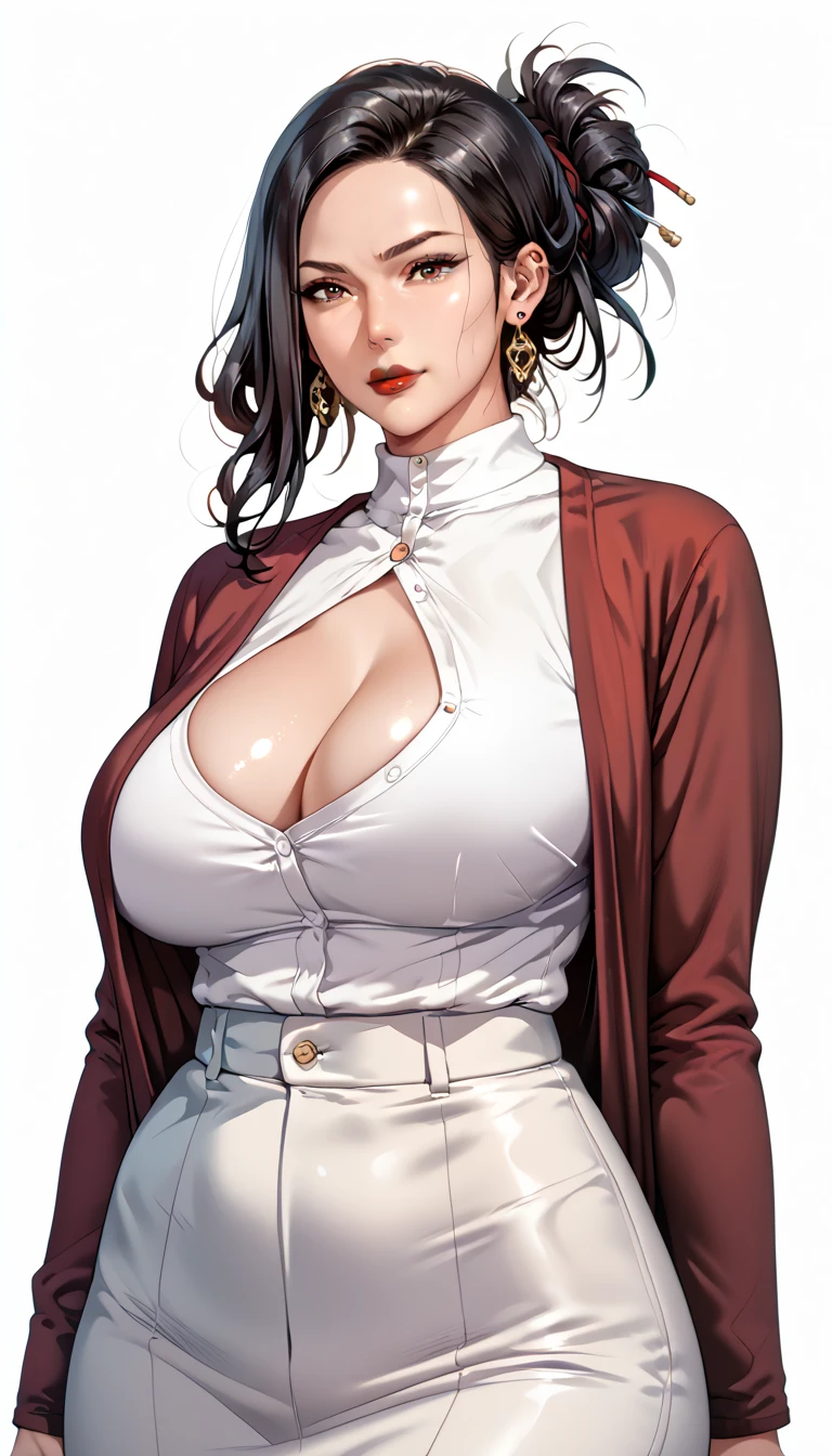 busty female teacher、Mature Woman、mature hairstyle, white background, three-quarter body proportions、tall, long torso, plump waist, black hair, red eyeshadows , red lips, earings, slim face, open clothes facing straight at the viewer 