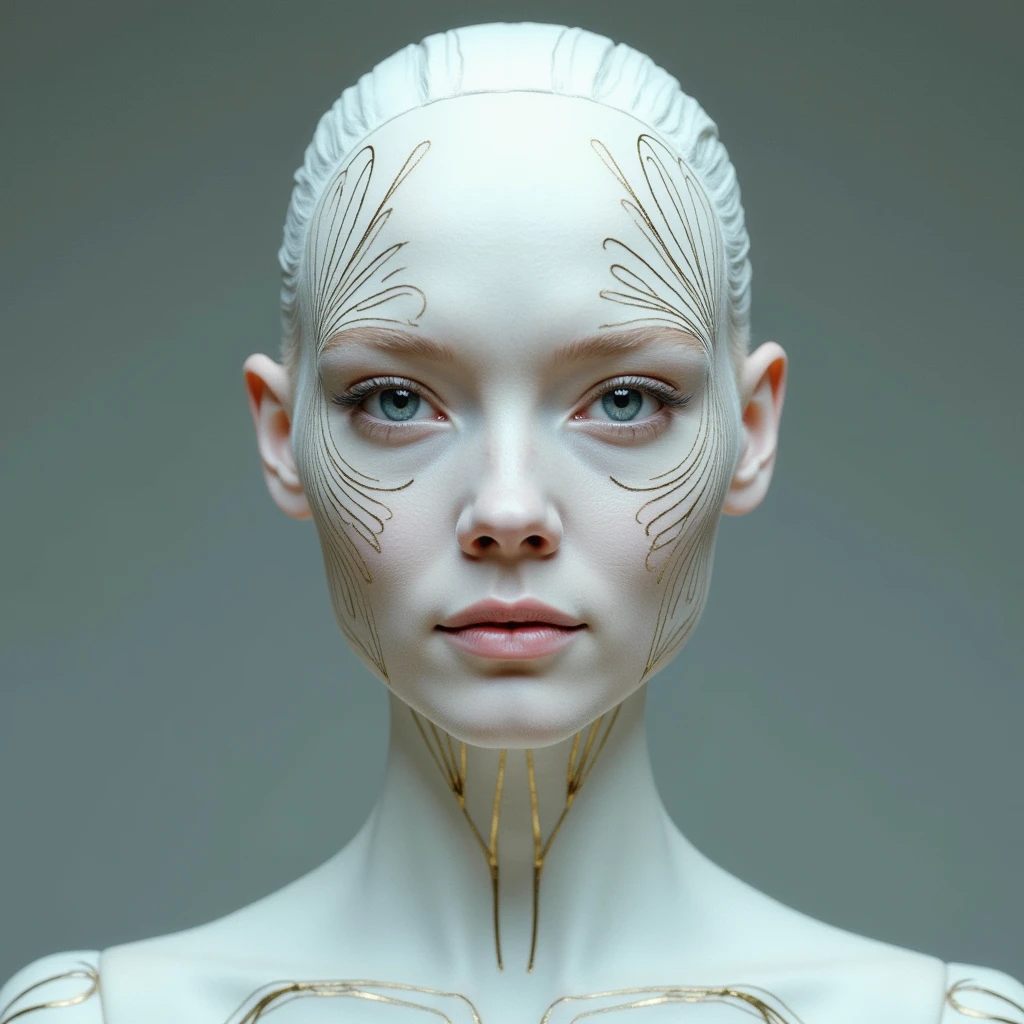 A female robot with porcelain white skin, with intricate golden radial markings forming beautiful organic shapes on his face when viewed from the front. Transparent glass body with beautiful details and delicate skin. Symmetry, fascinating eyes and volumetric lighting create a striking portrait.