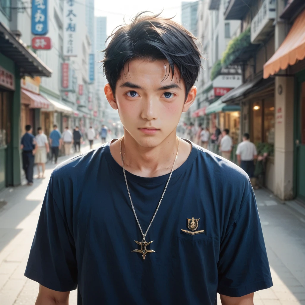 score_9, score_8_up, score_7_up,RAW photo,BREAK  ナギくん,japanese boy, 19-years-old,black hair,dark blue eyes, smooth skin,(slim),petite,plutinum  round necklace,((high quality navy blue shirt))