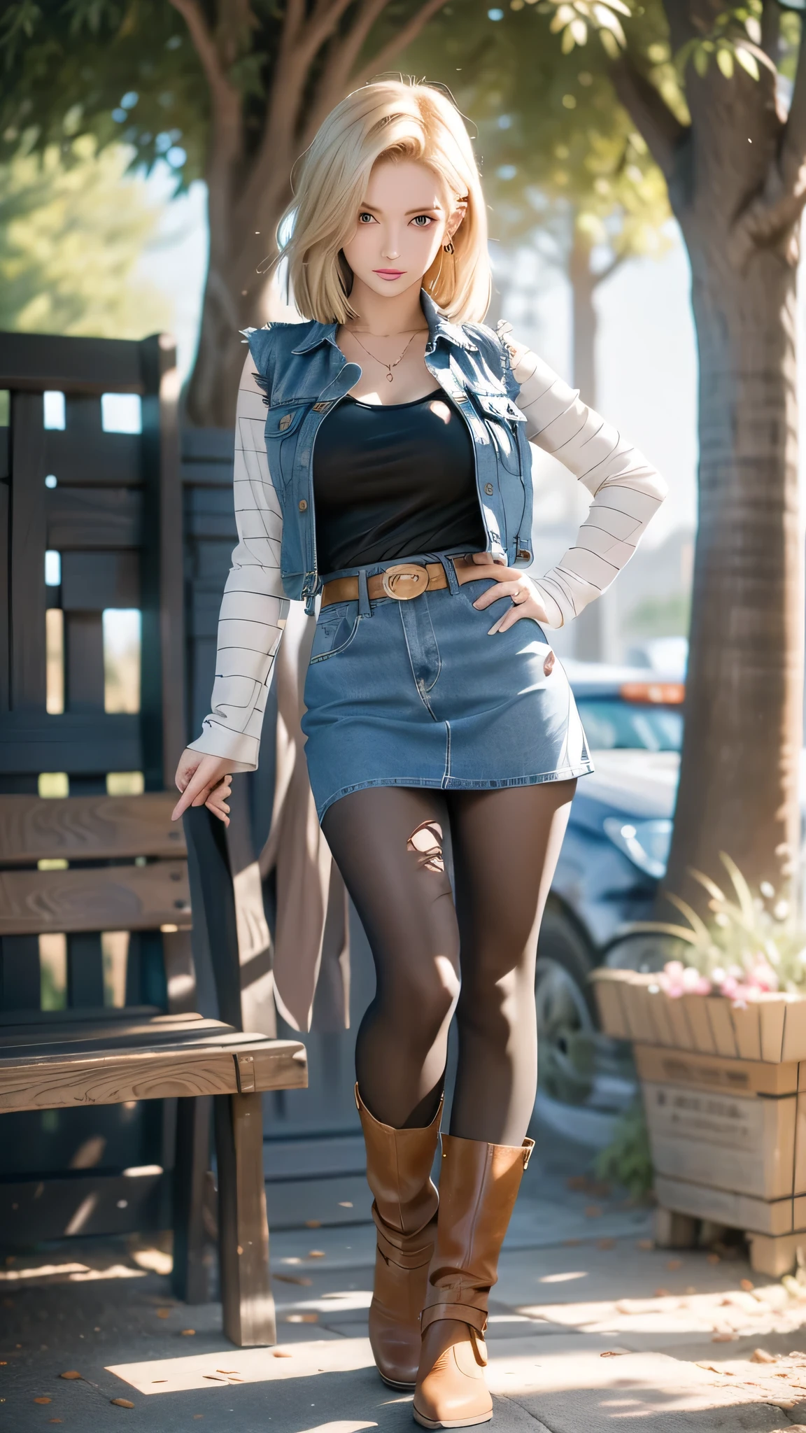 (One girl), (Android 18), (Blonde hair), (Sexy girl), (She wearing light blonde hair), (Short length hush cut hair), (Her slender legs and stylish short western cowboy brown color boots are clearly visible under the mini denim skirt she is wearing), (She have Very large breasts bouncing), (Wearing a very short blue H-line denim skirt), (Wearing a mini short denim vest), (The denim skirt and denim vest colors match), (She Wear long sleeves, It has long sleeves with black stripes at regular intervals on a white background), (She wears flesh-colored illusion pantyhose), The pantyhose she wears look like brown stockings, She wore pantyhose and wore white panties over them, wearing a women's Western cowboy-belt, wearing women's Western cowboy-boots, wearing a black t-shirt that exposes deep cleavage, No bra, breast areolas outside a black T-shirt, clearly exposed, She is standing in front of tree next to the bench, She winks with her left eye, boldly and fascinatingly winks her left eye and stares at me intently, bench, Standing, Her slender legs and stylish short western cowboy brown color boots are clearly visible under the mini denim skirt she is wearing outdoor park, four trees around, clear sky, masterpiece
