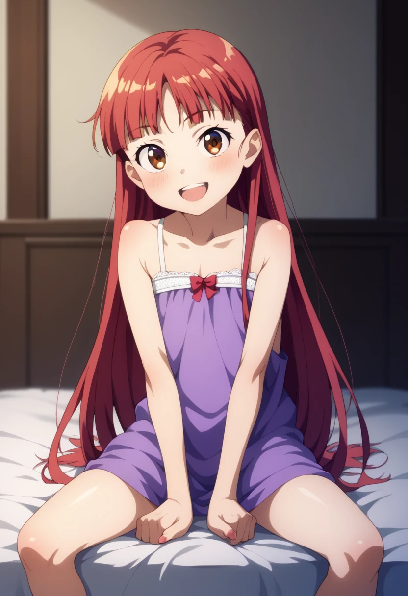 (( top quality)), ((masterpiece)), (be familiar with),  perfect face, indoor, bedroom,  viewer,
One woman,  Yukiko Aikina,
 open mouth,  ecstatic expression with hands in front of body, blush, smile,
 small ,  flat chested, Young girl, Lori,  ,  girl,
 long hair,  long hair,
Leg spread,