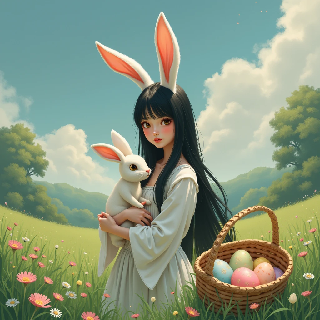 Girl with rabbit ears、Playing with rabbits、Beautiful fields