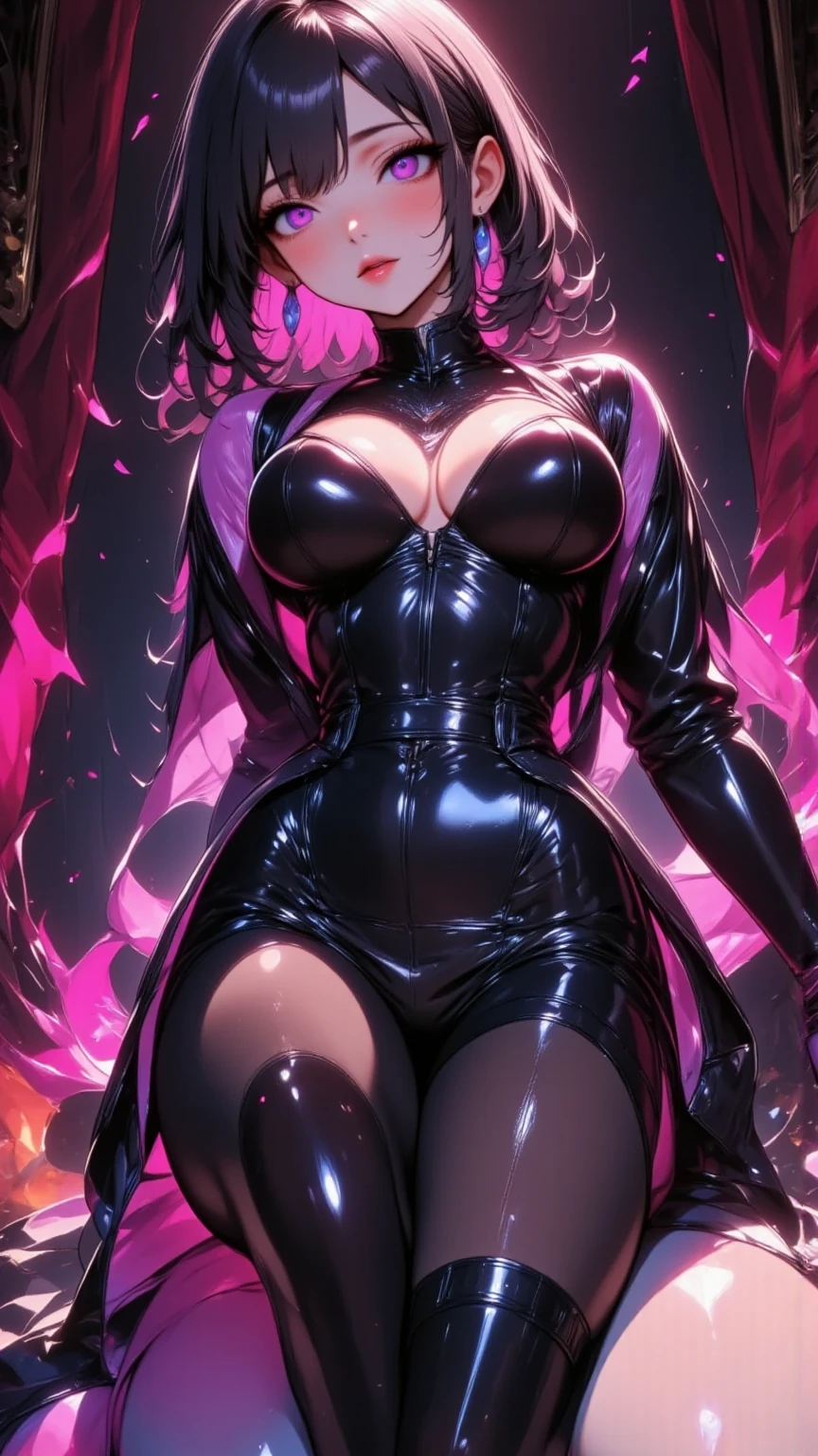  mature beautiful woman with ,(masterpiece, top quality, very detailed depiction , incredible high resolution ,High quality anime drawings),(Magical girl costume based on black and pink, Designed to combine demonic elements with classic maid features, Latex Bodysuit ,Latex pleated skirt ,Body net suit, black tights, thigh high boots ),( green hair,Swirling Eyes,Purple Eyes, Hollow Eyes:2.0, Mind Control,hypnotism, glamorous body, slender ,Curvaceous Body,stoic,Empty look, villain style makeup with dark lipstick and eyeshadow ,Fall,Fallen into evil,Being manipulated,Beautiful legs, healthy legs,),( Action Poses Like a Sci-fi Hero Show ), standing, cowboy shot