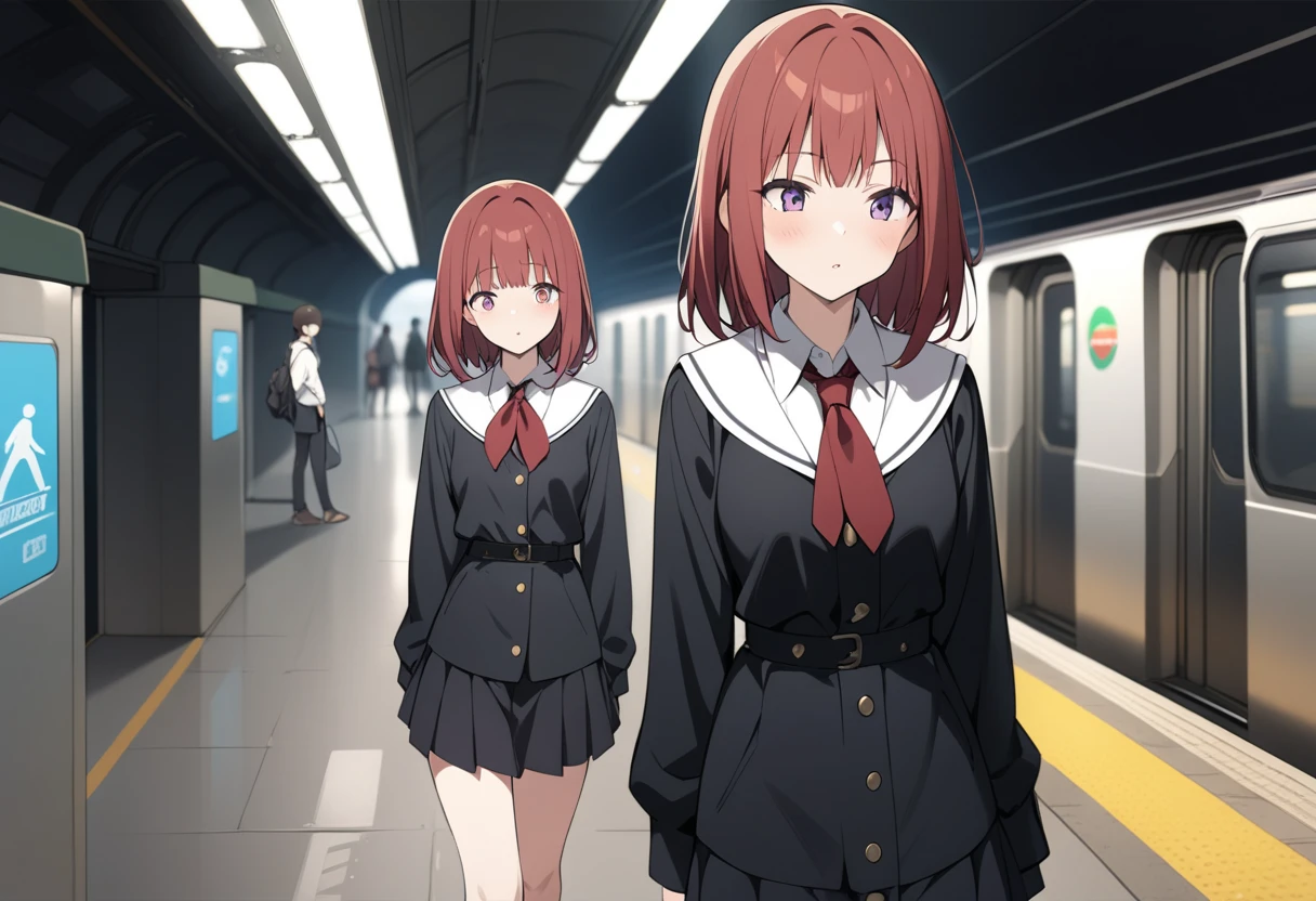 best quality, amazing quality, great quality, absurdres,  girl standing at subway station，JK，