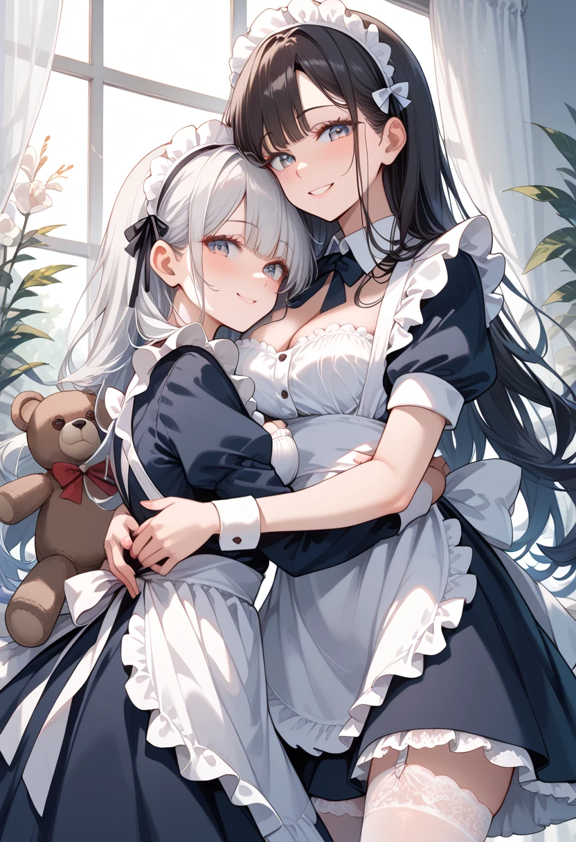 (masterpiece, best quality, ultra detailed, high resolution, detailed facial description), (1 older female:1.2), (black long hair:1.2), (maid, maid headdress, maid apron), (white lace trimmed panties, white garter belt), (light makeup:1.1), (light smile, seductive smile, blush), (hugging a teddy bear:1.2), wariza:1.2