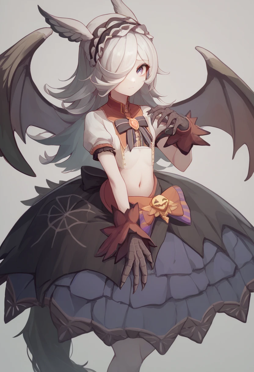 Harpy、whole body、 1 girl、 dark circles under eyes 、 pale skin、  Silver Hair、灰色の羽、 small chest, scaled limbs、  bird foot、 Bird Tail  、 arms are wings  、 feathered arms ,white feathered body  、 only face is human  、  holding a star 、 nudes、 body covered with feathers 、navel、 feathered crotch  、 Art 