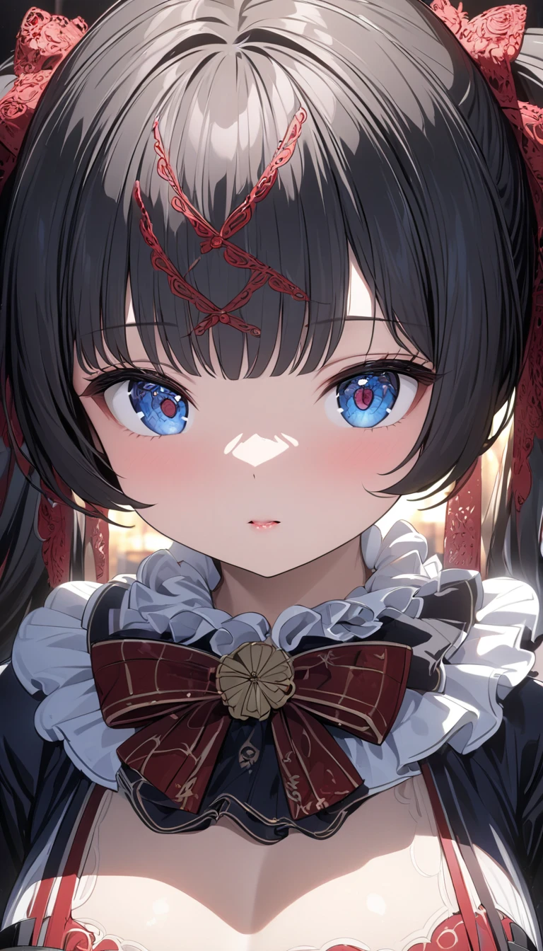 、( slim、1 person,  cute young woman, , small bust:1.3,  black hair、 twin tail hair 、Azure Eyes、 big red lace ribbon on hair ),delicate beautiful eyes , eyes are drawn in detail , high definition , masterpiece, pictures of girls , cute and beautiful face down to the last detail、Beautiful Bangs, Bangs between the eyes, ( eyeliner , lipstick:0.9),Portrait of Abigail: Beautiful woman with updo, sitting at the bar in a nightclub. このmasterpieceは最高の品質です,  ultra detail, Perfect for 8K HDR wallpapers.  cinematic lighting、 sharp focus 、 and features intricate details.