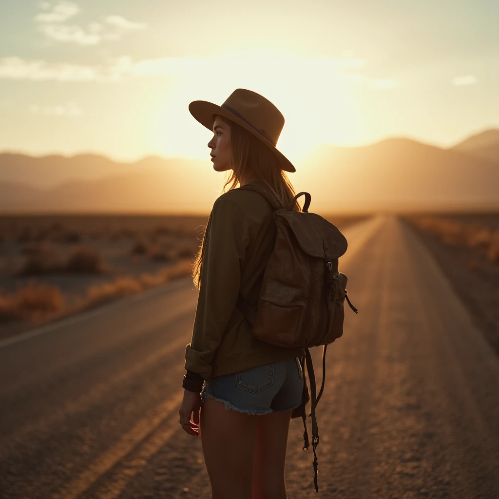 a lonely traveler on a road trip, solo female traveler, wandering through a desolate desert landscape, weathered leather backpack, dusty hiking boots, hat casts a shadow over face, longing gaze into the distance, golden hour lighting, cinematic moody atmosphere, chromatic aberration, depth of field, dramatic shadows and highlights, muted color palette, atmospheric haze