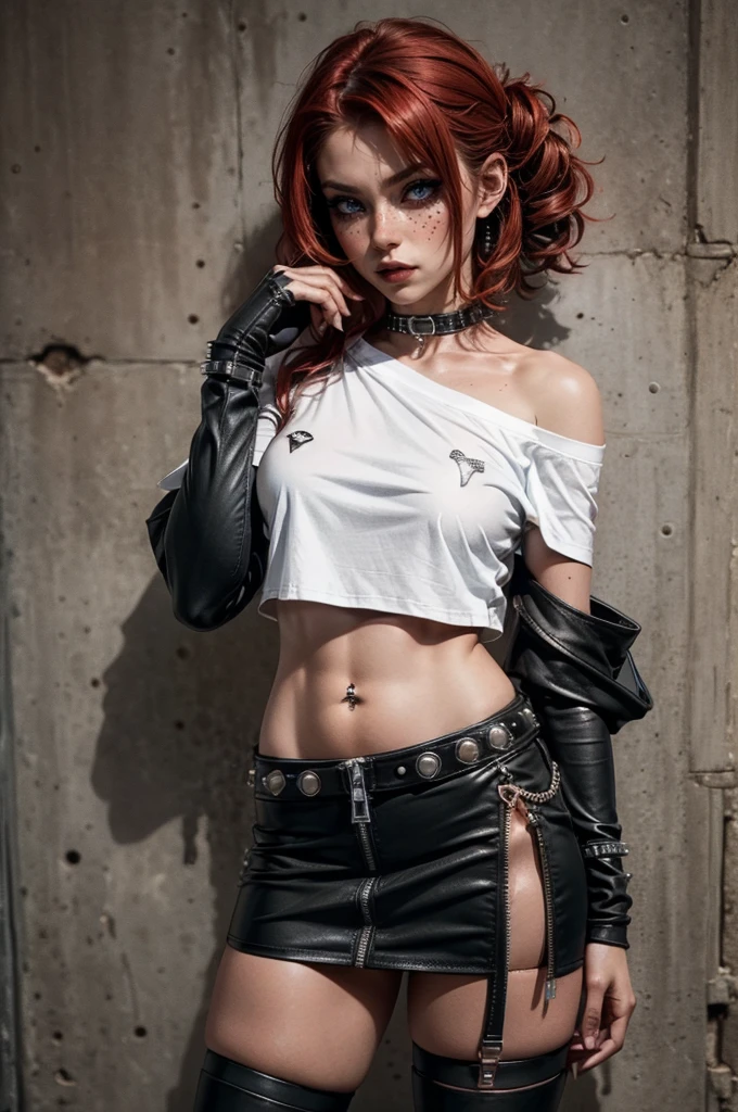 lora_Emma,a beautiful young woman with curly short red hair, freckles, attractive woman with punk outfit,(((off the shoulder white t-shirt))),leather skirt with zippers,(multiple studded belts),(exposed thong straps), ((navel piercing)),((belly chain)), heavy dark makeup,intense eyeliner, dark eyeshadow, black lipstick, studded leather collar,(ripped nylon stockings),(studded leather boots with a high heel),((long leather arm sleeves with studs and zipper)),detailed face,detailed eyes and lips,realistic,photorealistic,high quality,8k,masterpiece,vivid colors,dramatic lighting,cinematic