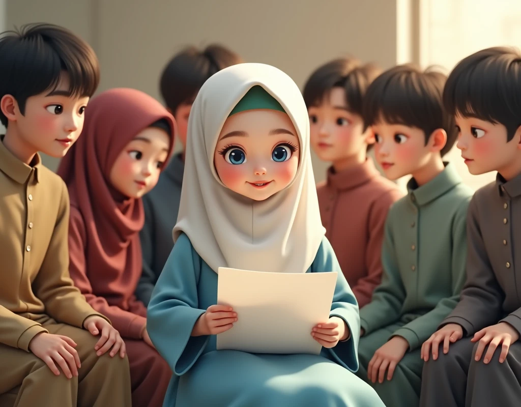 Pretty teacher playing with her preschool students, The teacher with black hijab on, black bikini and honey-colored eyes