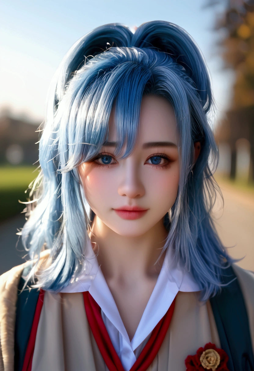 bmasterpiece、top-quality、hight resolution)、 Real life adaption for this character, Masterpiece, high quality, best lighting, cinematic, 1girl, Kobo kanaeru, blue hair, (perfect body), ((schoolgirl uniform)), looking at viewer, standing, outdoors