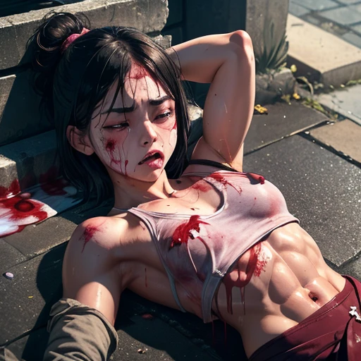 a girl fighter was raped so hard. Her body is covered with a large amount of white sperm.a (((bloodied))), (((crying))) beautiful Japanese high school girl fighter was knocked out in the back street. She is lying down. She lost a fighting spirit, tears. her body and face are covered in (((blood))) and (((bruises))) , (((her face is bloodied))) by opponent's attack. she is damaged terribry. Short-cut black hair, out of breath, drooling from mouth, one eye is closed, exhausted, drenched in sweat. (((She is incontinent))). Erect pink nipples. open finger gloves, stockings, and arm-covers. Whittled waistline, (((muscular))), (((sixpack abs))), (((perfect shaped small breasts)))